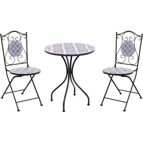Conjunto de balcón jardín de metal mesa y dos sillas de cerámica diseño de mosaico blanco/azul Siponto (1/5)