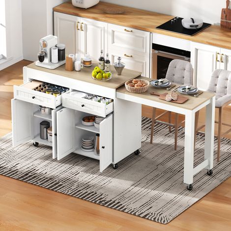 Isla de cocina móvil extensible 112-180,5x45x92,2 cm blanco y natural en MDF FloraGrace (1/5)