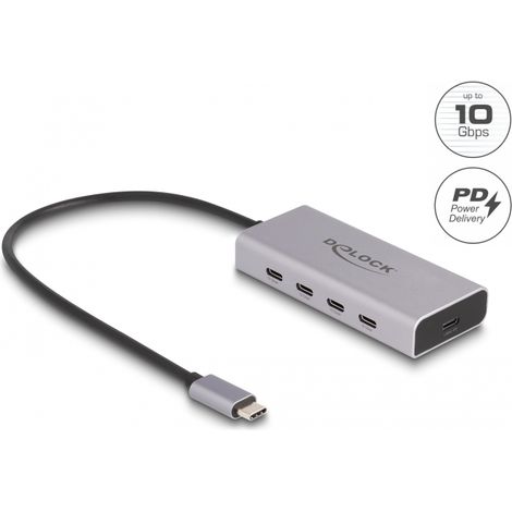 Delock Concentrador USB 10 Gbps USB Type-Câ¢ con 4 x USB Type-Câ¢ hembra + 1 x USB Type-Câ¢ PD de 85 vatios con cable de conexiÃ³n de 30 cm