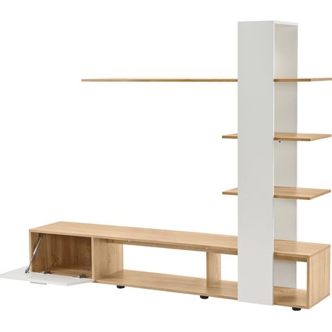 Meuble TV moderne blanc et chêne 180 x 33,5 x 151,5 cm pour écran jusqu'à 60 pouces (1/5)