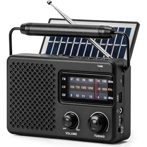 Radio Portable, AM/SW/FM Radio a Pile, Transistor Radio avec Rechargeable Solaire, Excellente Réception, Excellente Qualité Sonore, avec Bluetooth/USB/TF (1/5)