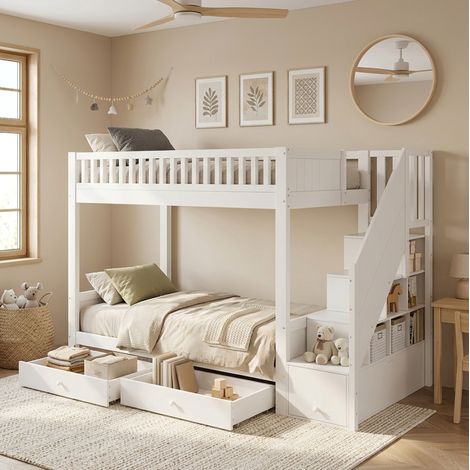 Letto a castello 90x200 cm con scala contenitore, 2 cassetti e barriere di sicurezza, legno bianco (1/5)