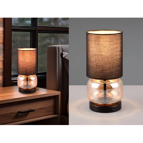Tischleuchte ELIO mit Glasfuß Amber und Stoffschirm Schwarz, Höhe 28cm
