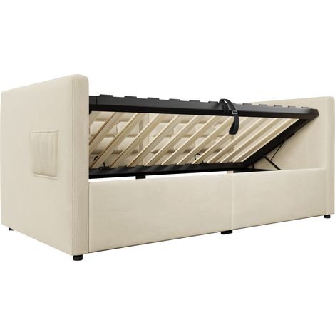 Letto banquette 90x200 cm in velluto beige con contenitore idraulico e porte USB Type-C (1/5)