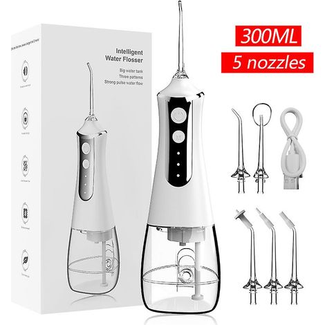 Brossette à dents jet d'eau sans fil PECHAM, irrigateur buccal portable IPX7 étanche 300ML, 3 modes et 4 embouts, nettoyage dentaire efficace (1/4)