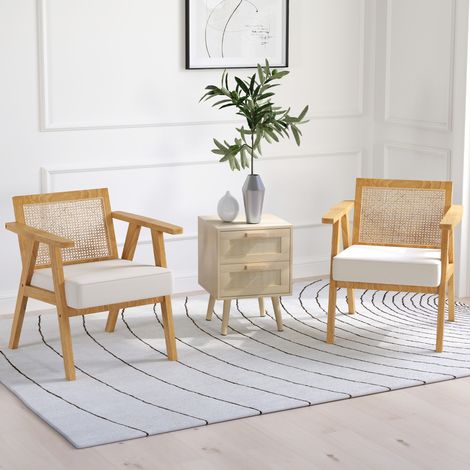 Lounge-Sessel mit Armlehnen, Rattan-Rückenlehne und Gummibaumholzrahmen, Belastbarkeit 120 kg, Natur und Beige
