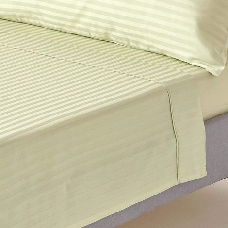HOMESCAPES Drap plat rayé satin de coton égyptien 330 fils coloris vert sauge 180 x 290 cm (1/5)