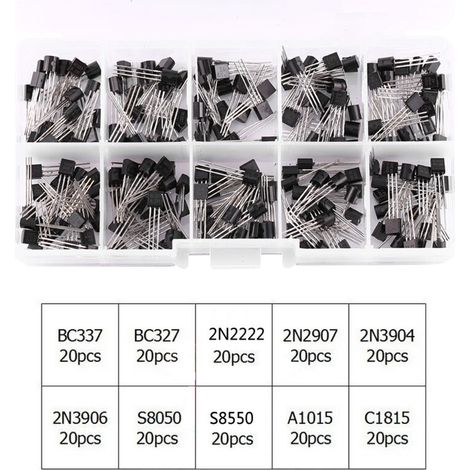 Kit assortimento di transistor di potenza BC337, BC327, 2N2222, 2N2907, 2N3904, 2N3906 (10 valori, 200 pezzi) (1/4)
