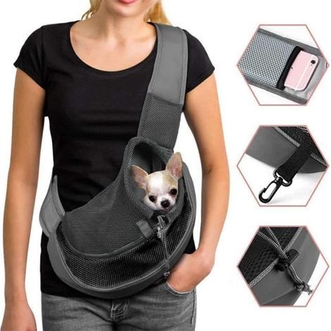 Sac de Transport pour Chat Chien - - - Noir Gris - Fermeture à glissière en métal - Dragonne en nylon - Maille (1/4)