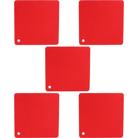 Lot de 5 dessous de plat carrés en silicone résistant à la chaleur et antidérapant, forme alvéolée, pour plan de travail de cuisine (rouge). (1/5)