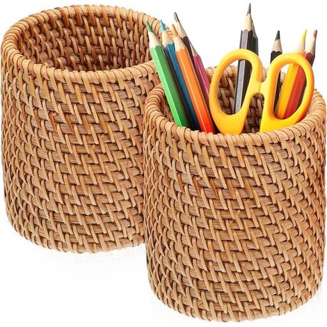 Organizzatore da scrivania Portapenne, Portapenne in legno e rattan, Scatola portaoggetti multifunzionale per penne e pennelli da trucco, cassetti O (1/5)