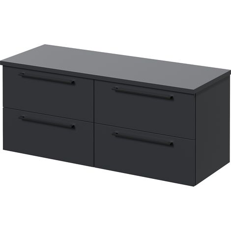 Napoli 460 Gloss Grey 1200mm Wall Mounted 4 Drawer Vanity Unit for Countertop Basins - 1200mm - Matt Black 320mm Handle