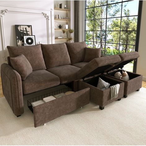 Canapé d’angle modulable brun antique en chenille avec rangement et fonction couchage (1/5)