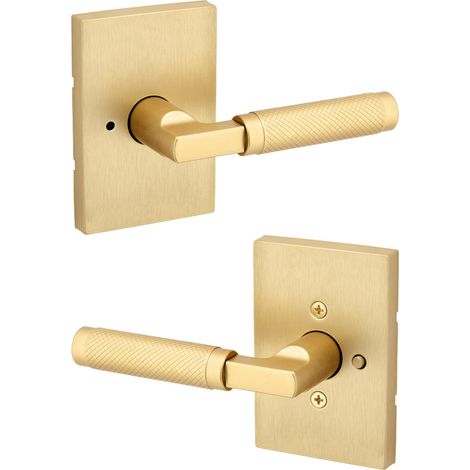 Poignée de porte intérieure moletée avec serrure, levier de porte pour salle de bain et chambre à coucher, laiton satiné, levier de porte réversible sans clé, avec protection (1/5)