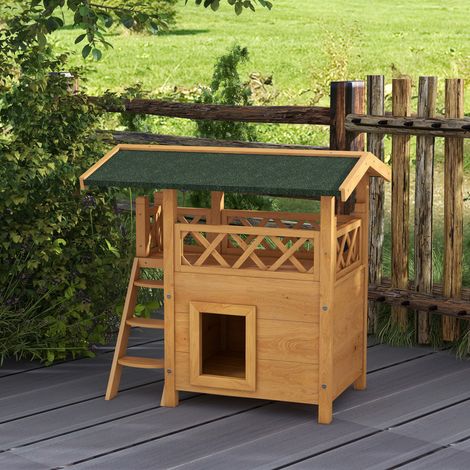 Cabane Chat Extérieur avec Terrasse, Escalier, Toit, Niche Villa, 77 x 50 x 73 cm Bois Naturel et Vert (1/5)