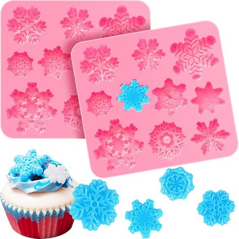 Moule à fondant 3D en forme de flocon de neige (2 pièces) - Moule en silicone pour décoration de gâteaux et cupcakes, projets de loisirs créatifs en pâte polymère (rose)