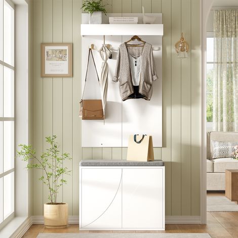 Ensemble de garde-robe 3-en-1 – porte-manteau avec 4 crochets intégrés, armoire à chaussures à deux portes et banc à chaussures. Blanc, 60×35×(45+100) cm (1/5)