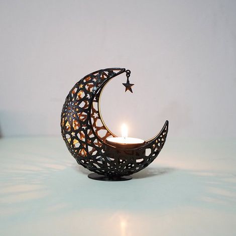 Bougeoir en forme de lune - Porte-bougie - Bougeoir - Lanterne ajourée - Bougeoir décoratif - Bougeoir parfumé - Fer - Noir (1/5)