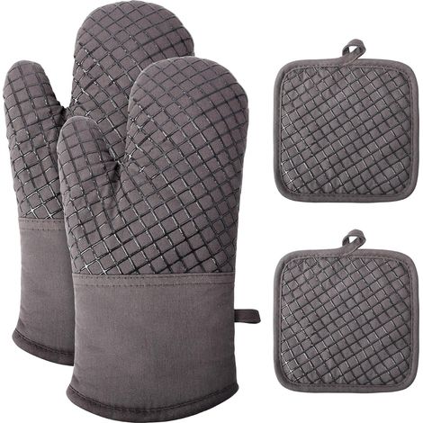 Set di 4 guanti da forno da cucina - Resistenti al calore e antiscivolo - Cotone morbido - Lunghi e flessibili - Silicone spesso - per la cucina