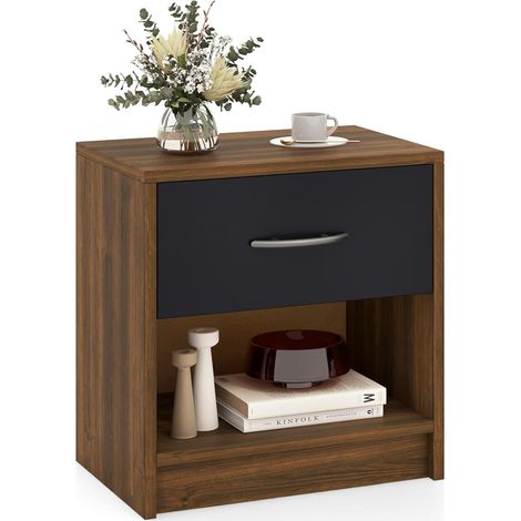 COSTWAY Comodino 38,5 x 28 x 40,5cm in Legno, Tavolino Salvaspazio con Scomparto Aperto e Casseto per Soggiorno e Camera da Letto (Marrone+Nero)