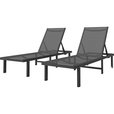 Set di 2 lettini prendisole reclinabili con ruote, schienale regolabile in 4 posizioni, struttura in alluminio, tessuto Textilene grigio.