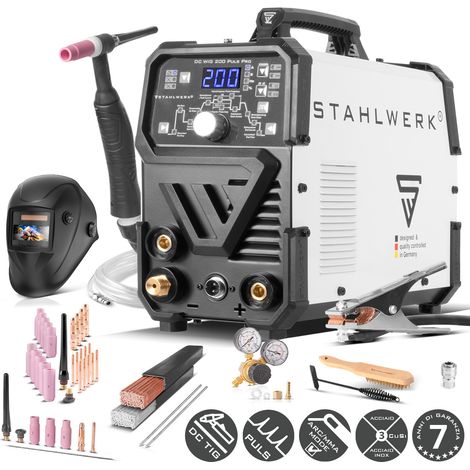 STAHLWERK Saldatrice 2-in-1 combinata DC TIG 200 Puls Pro – Set completo – TIG & MMA fino a 200 A, funzione Pulse, memoria lavori, adatta per lamiere sottili, acciaio, inox
