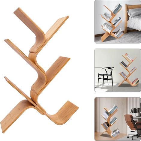 Estantería de cinco niveles con brazos curvados, estantería creativa y de diseño, estantería de bambú, estantería vertical moderna. (1/5)