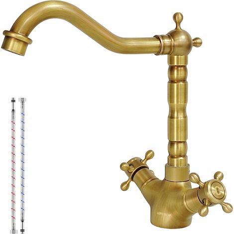 Robinet de Lavabo en Laiton Antique, Robinet Cuisine Laiton Rétro à Double Poignée, Rotatif à 360° Mitigeur en Bronze de Salle de Bain Chaud et Froid