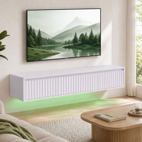 Meuble TV Suspendu Flottant 120 cm avec Éclairage LED et Prises, Meuble Télé pour Téléviseur 65 Pouces, Blanc (1/5)
