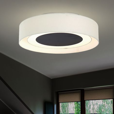 LED Deckenleuchte Deckenleuchten Wohnzimmer Deckenlampe in runder Form weiß, Stoffschirm beige schwarz, 1x LED 16W 710Lm warmweiß, D 45 cm