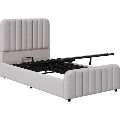 Cama infantil 90 x 200 cm con somier, arcón hidráulico, cabecero tapizado, gris lino (1/5)