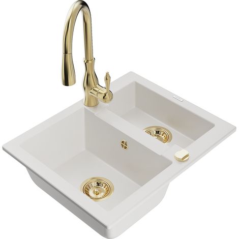 Mexen Carlos fregadero de granito de 1,5 senos con grifo de cocina Savita, blanco - 6518-20-672601-50 (1/5)