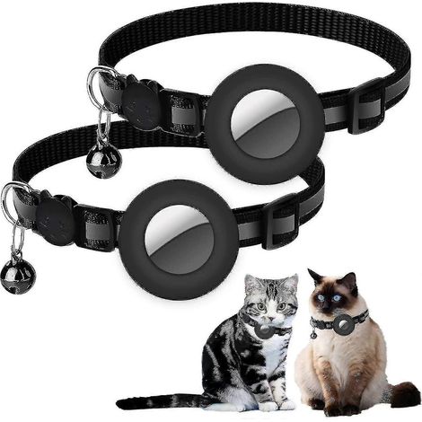 Lot de 2 colliers Airtag pour chats avec clochette et boucle de sécurité (largeur : 9,5 mm), collier réfléchissant pour chien avec étui porte-étiquette Airtag étanche en silicone compatible avec (1/5)
