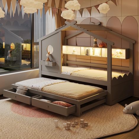 Lit enfant 90x200cm avec lit gigogne 90x190cm, design en forme de maison, deux tiroirs, ports de chargement USB et Type-C, éclairage LED, étagères, lit multifonctionnel, gris, garantie 2 ans