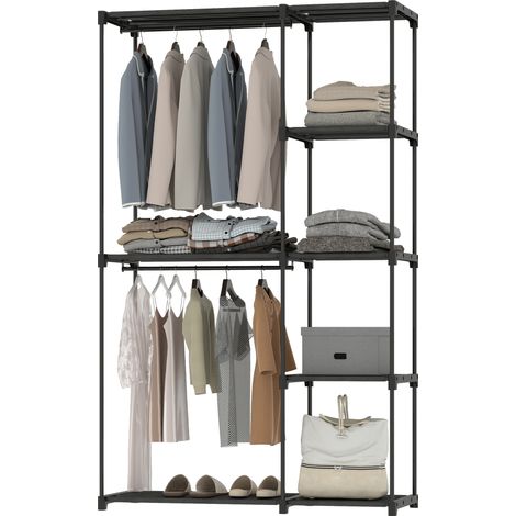 Faltbarer Kleiderschrank, 2 Kleiderstangen, 6 Ablagen, 111 x 43 x 185 cm, schwarz