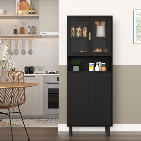 Credenza alta 60x35x160 cm in MDF laccato con anta in vetro, 4 ante, vani aperti e ripiani regolabili, per soggiorno e camera da letto, nera (1/5)
