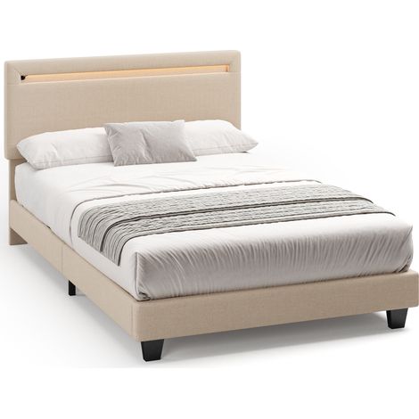 Letto Imbottito 120 x 200 Bealife Struttura letto con Luce LED Letto Singolo con Testiera Tessuto in Lino Letto per Bambini e Adolescenti Beige