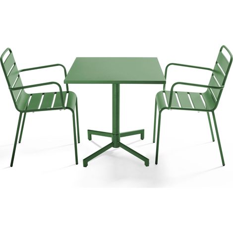 Ensemble table 70 cm et 2 fauteuils de jardin en métal vert cactus - Palavas (1/5)