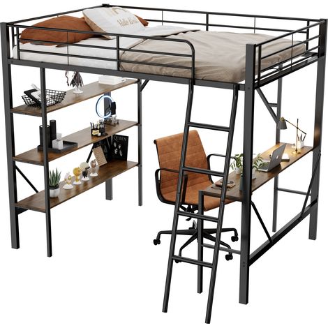 Lit mezzanine 90x200 cm avec bureau et 3 grandes étagères, structure en métal noir, lit en hauteur pour enfants, ados et adultes, style minimaliste CHICFURN (1/5)