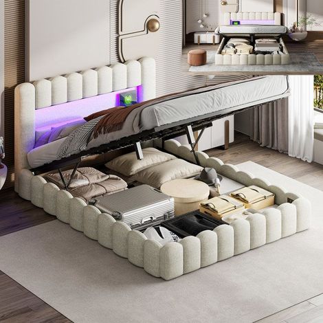 Letto con contenitore 140x200 cm - 240309SM - LED integrata - Porta USB - Rete a doghe