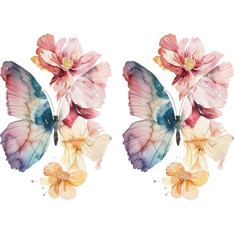 Stickers Muraux Fleur Papillon Aquarelle Autocollants Muraux Floral Papillons Stickers Mural Fleurs Plante Rose pour Chambre Fille Chambre Femme Salon Décoration Murale 2 pièces (rose) (1/5)