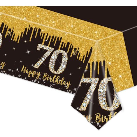 Nappe 70ème Anniversaire Noir Or 137x274cm Lavable Plastique Rectangulaire