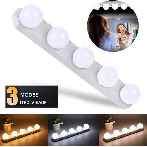 Mirror Lights, Kit d'éclairage LED de style de vanité LED de style hollywoodien avec 5 ampoules à gradation, lumières de vanité avec câble USB pour miroir avec 3 modes (1/5)