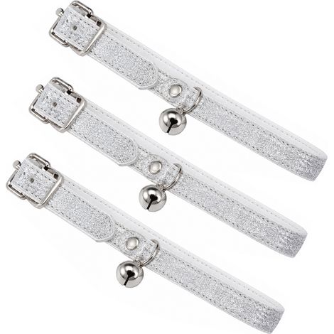 Set 3 Collari per Gatti con Campanellino, Collare Regolabile Effetto Glitter Argento 32 cm, Fibbia in Metallo, Elegante e Confortevole per Gatti e Gattini (1/5)