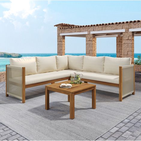 Gartenmöbel-Set aus Akazienholz, Ecksofa mit Couchtisch, beige Kissen, Seilgeflecht-Armlehnen, 2-teilig (1/5)