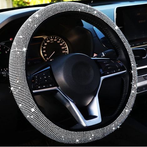 Coprivolante, coprivolante universale in pelle per auto, coprivolante 36 x 38 cm con strass, traspirante, coprivolante antiscivolo per auto (1/4)