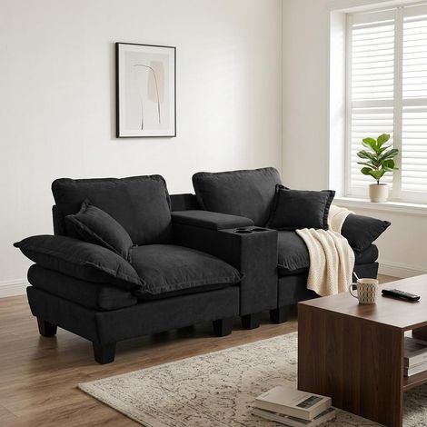 Canapé modulaire Cloud, canapé inspiré des voiliers, avec porte-gobelets et rangement, 2 coussins, revêtement chenille noir, idéal pour appartements et salons. (1/5)