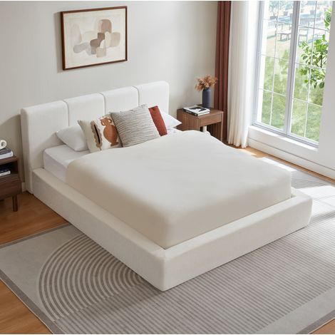 Cama doble 140x200 cm de espuma y acero, color crema, moderna, sin colchón FLORAGRACE (1/5)