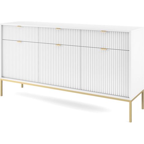 Commode : 3 Tiroirs, 3 Portes, Blanc, or, 154 x 83 x 39 cm, poignées dorées (1/5)