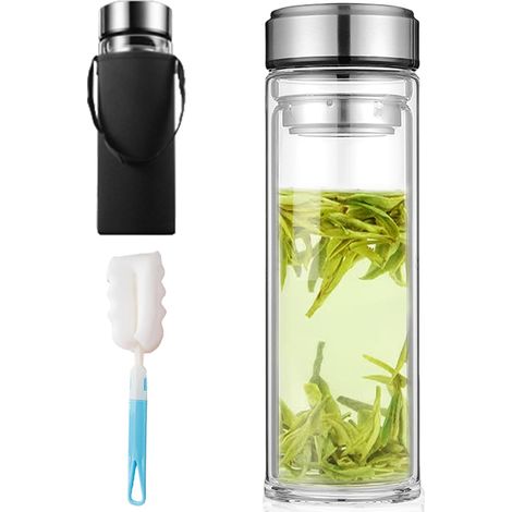 1 Bouteille en verre, gourde double paroi, filtre acier inoxydable, brosse nettoyage, pour thé et voyage (1/5)